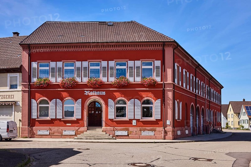 Grafenhausen Town Hall, façade with windows, shutters and cellar hatches, stairway, flower boxes, commercial buildings, general architecture, streets, blue sky, cloudless, confluence of main street in Kirchstraße, Grafenhausen district, Kappel-Grafenhausen, Black Forest, Ortenaukreis, Baden-Württemberg, Germany