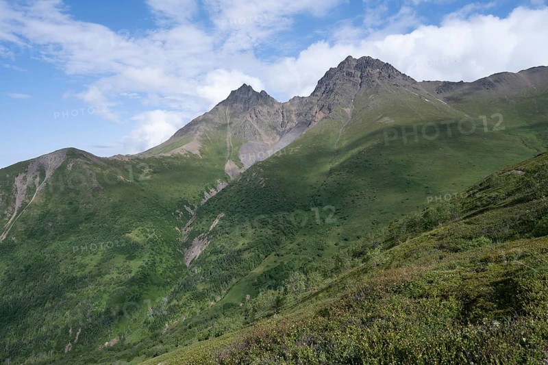 View of mountain peaks on Twin Peaks Trail, Eklutna Lake, Chugach Mountains, Chugach State Park, Alaska, USA