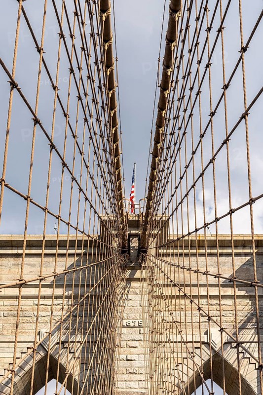 Brooklyn Bridge tower and cables, Brooklyn Bridge, New York, USA