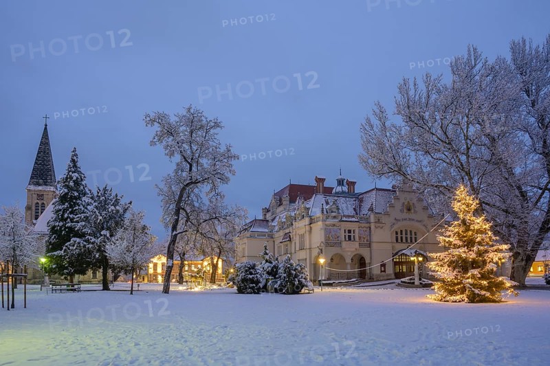 Winter in the theatre park with St. Mary's Church and Christmas tree, Berndorf, Lower Austria, Austria