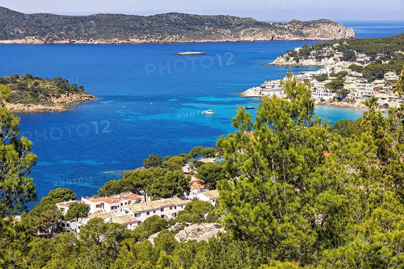 Scenics view of a coastal village on the coast at Mediterranean Sea, Sant Elm, Mallorca, Spain
