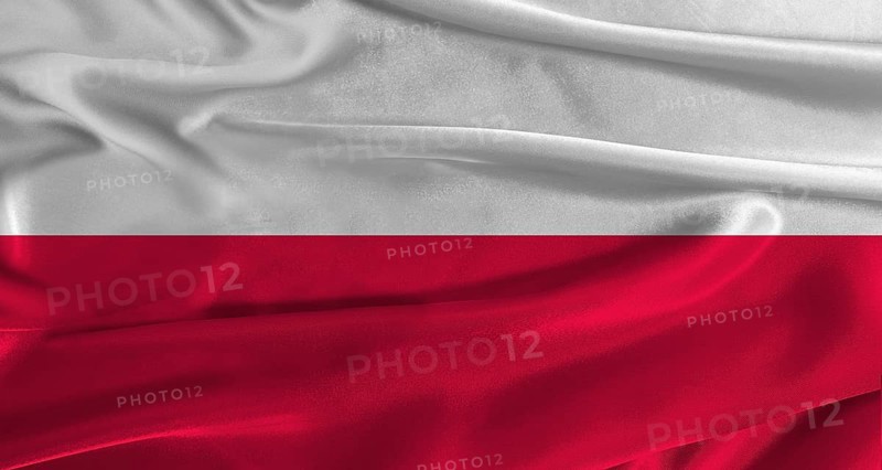 Flag of Poland with fabric textured background. Close up of National flag of Poland with realistic texture