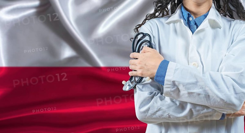 Healthcare professional with Poland flag background. Professional doctor holding stethoscope on Poland flag background
