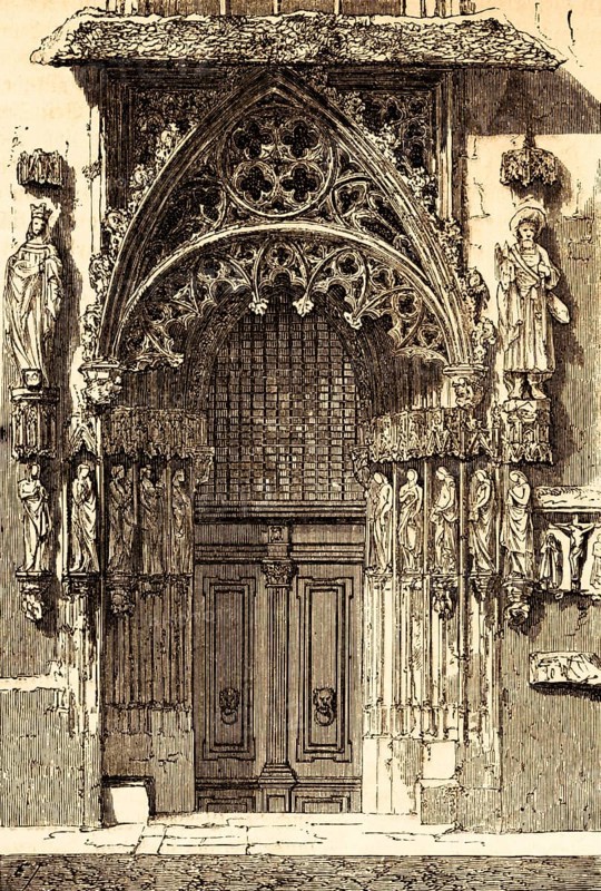 Bridal door of the church of St. Sebald, Gothic architecture, Lutheran town church, covered portal, place of marriage in the Middle Ages, wedding, statues, rich ornamentation, Nuremberg, Germany, historical illustration 1869