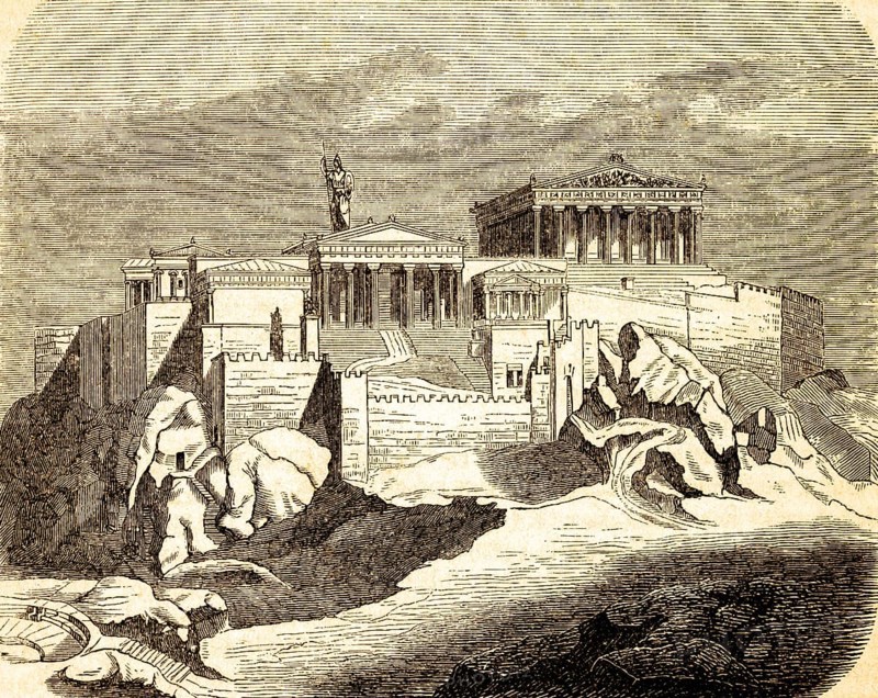 Acropolis, restored view, architecture, temple complex, rock hill, fortress, walls, statue, Athens, Greece, historical illustration 1869