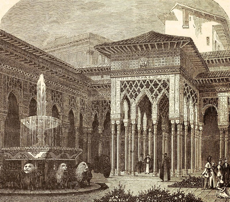 Partial view of the lion courtyard of the Alhambra, Granada, architecture, fountain complex, lion heads, people, columns, oriental patterns, Andalusia, Spain, historical illustration 1869