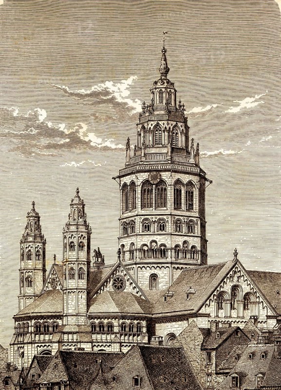 Mainz Cathedral or Hohe Dom St. Martin zu Mainz, cathedral, episcopal church, architecture, Romanesque, Gothic and Baroque elements, two stair towers, tower clock, nave, historical illustration 1869