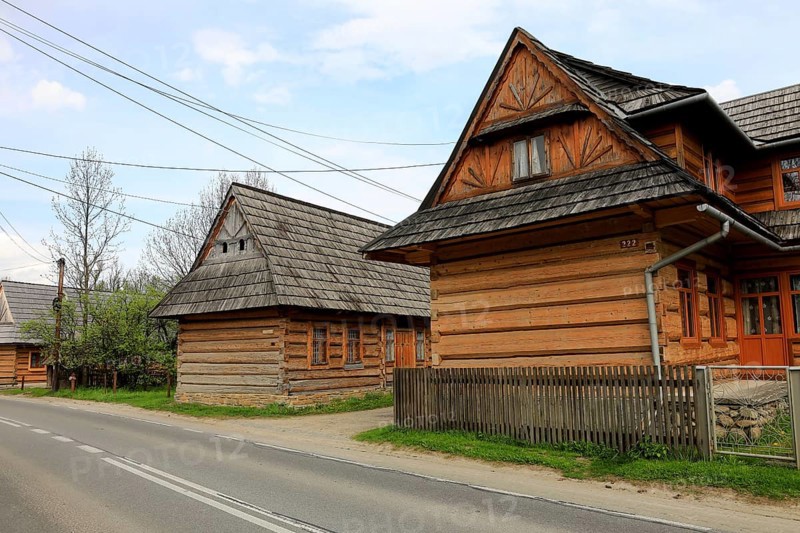 Traditional wooden houses in the village of Chocholow, Podhale-style wooden architecture, listed by UNESCO, near Zakopane, Lesser Poland Voivodeship, Poland