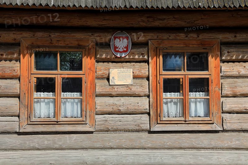 Traditional wooden houses in the village of Chocholow, detail of Podhale-style wooden architecture, listed by UNESCO, near Zakopane, Malopolska Voivodeship, Poland