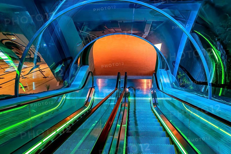Escalator under the largest aquarium in Dohar, 6 million liters capacity, at the old port and the current cruise terminal, Doha, Qatar