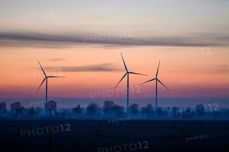 Three wind turbines at dusk with trees and a red blue sky, with trees as silhouettes, Hüde, Dümmer nature park Park, Lower Saxony, Germany