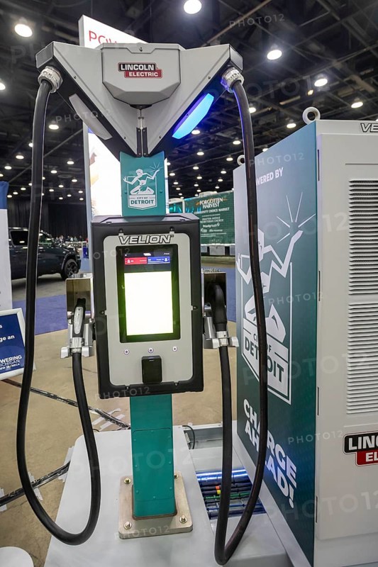 Detroit, Michigan USA - 14 January 2026 - A City of Detroit electric vehicle charging station, displayed at the Detroit Auto Show. Detroit's Charge Ahead program is installing fast charging stations across the city