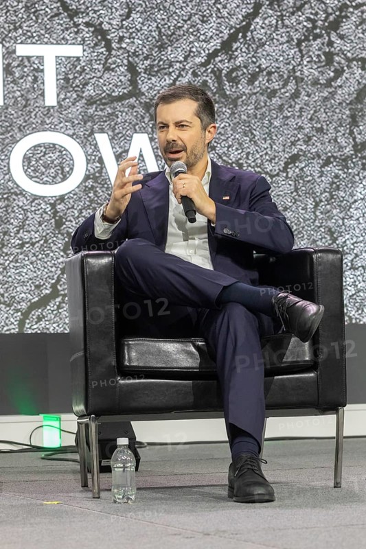 Detroit, Michigan USA - 14 January 2026 - Former U.S. Secretary of Transportation Pete Buttigieg speaks at the Detroit Auto Show