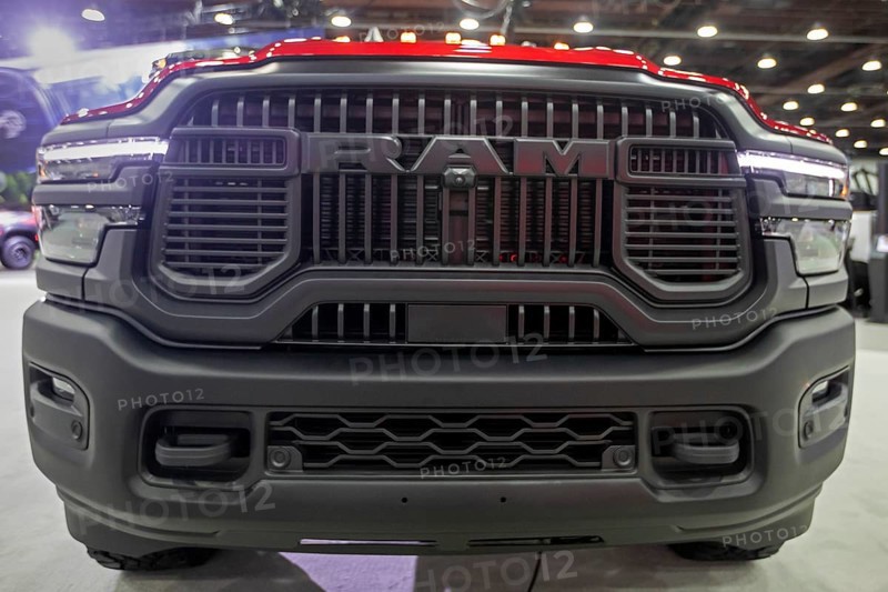 Detroit, Michigan USA - 14 January 2026 - The grill of a RAM truck 2500 on display at the Detroit Auto Show