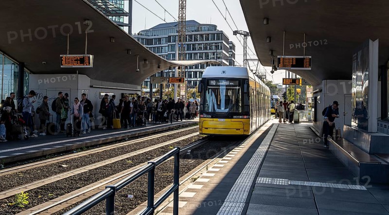 Berlin road traffic with buses, trams and pedestrians at and around the main train station, Berlin, Germany