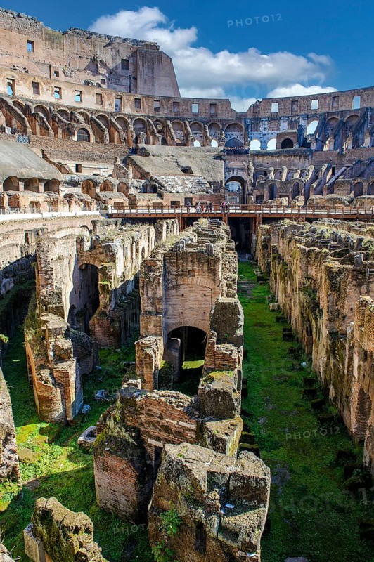 View of exposed hypogeum substructure brick walls from Arena Hypogeum of Colosseum from the time of Emperor Domitian, Colosseum, Rome, Lazio, Italy