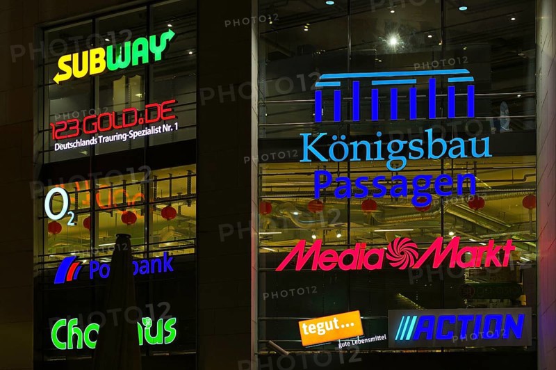 Night view, neon lighting, logo media market, Tegut, action, Subway, Postbank, ChaHaus, 123gold.de, Königsbau Passagen, shopping center, Stuttgart, Baden-Württemberg, Germany