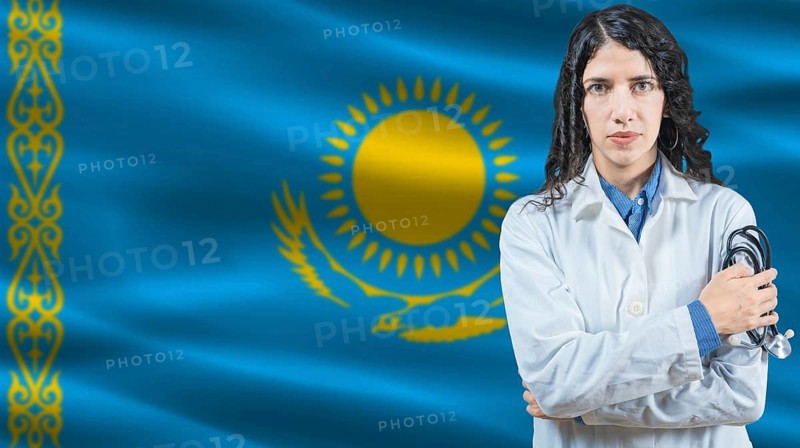 Kazakh national health system, Medical professional on Kazakhstan flag background