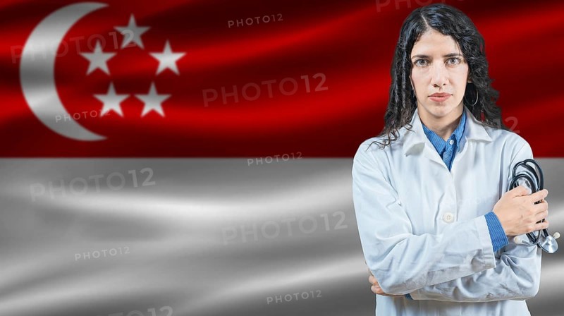 Singaporean national health system, Medical professional on Singapore flag background