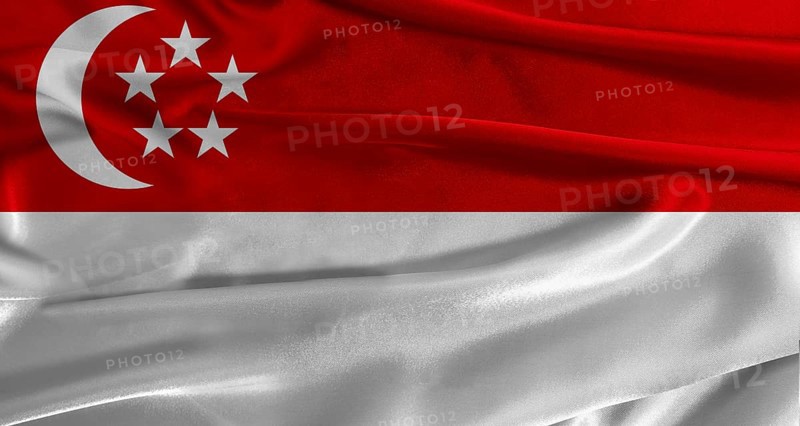Flag of Singapore with fabric textured background. Close up of National flag of Singapore with realistic texture