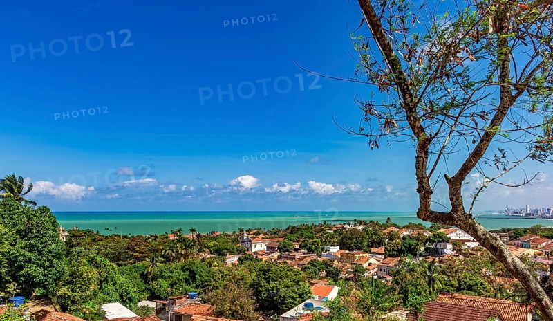 View of the historic city of Olinda in Pernambuco with the sea in the background, Olinda, Pernambuco, Brazil