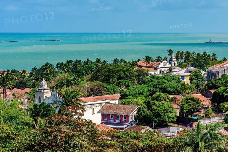 Old mansions and churches nestled among the vegetation in the historic city of Olinda, Olinda, Pernambuco, Brazil