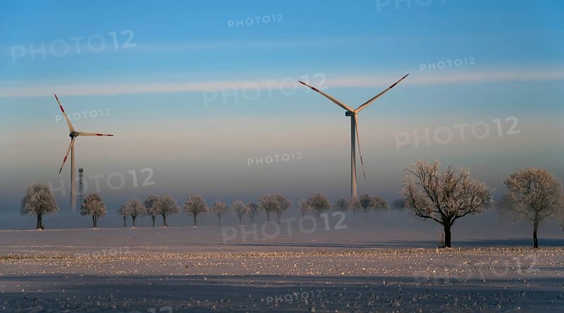 Wind turbines and snow-covered trees in a clear winter landscape, wind turbines between Solschen and Adenstedt, Ilsede, Peine district, Lower Saxony, Germany
