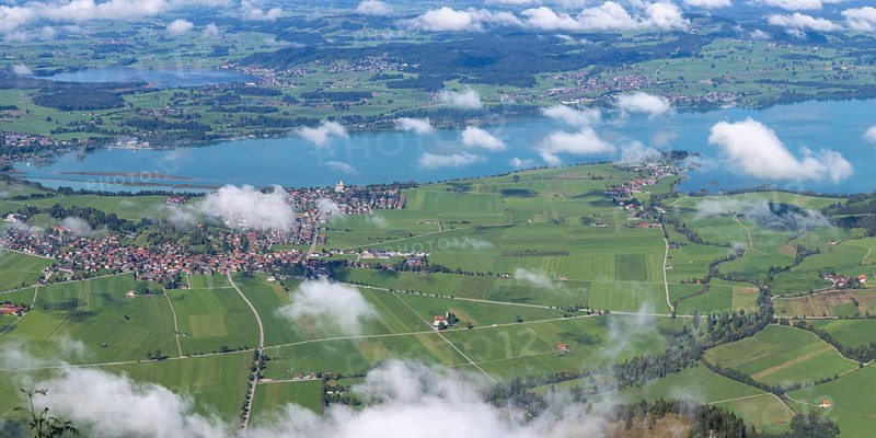 Panorama from Tegelberg, 1881m, on Schwangau, Waltenhofen, Forggensee and Hopfensee, Füssener Land, Ostallgäu, Bavaria, Germany