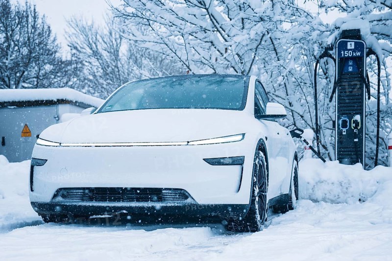 White electric car covered with snow next to a charging station in winter scenery, Tesla Model Y electric car, ENBW charging station, Waldachtal, Freudenstadt district, Germany