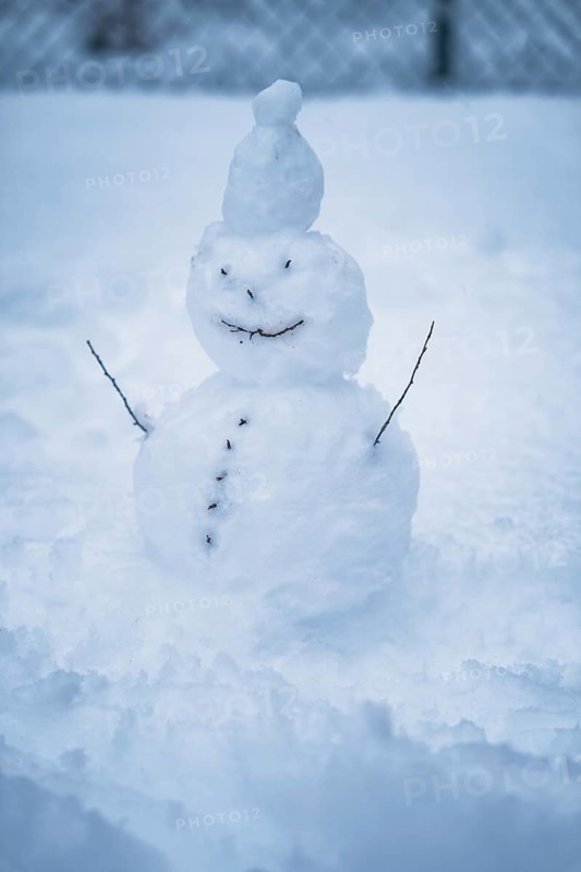 A humorous snowman with twig arms and button-like smile in the snow, Waldachtal, Freudenstadt district, Germany