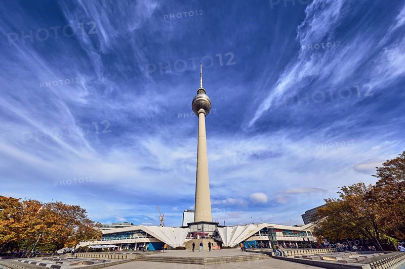 Berlin TV Tower, square, stone staircase, general architecture, pedestrians as accessories, trees, blue sky, cumulus clouds, cirrus clouds, dramatic image processing, panoramic road, Berlin, capital, district-free city, federal state of Berlin, Germany