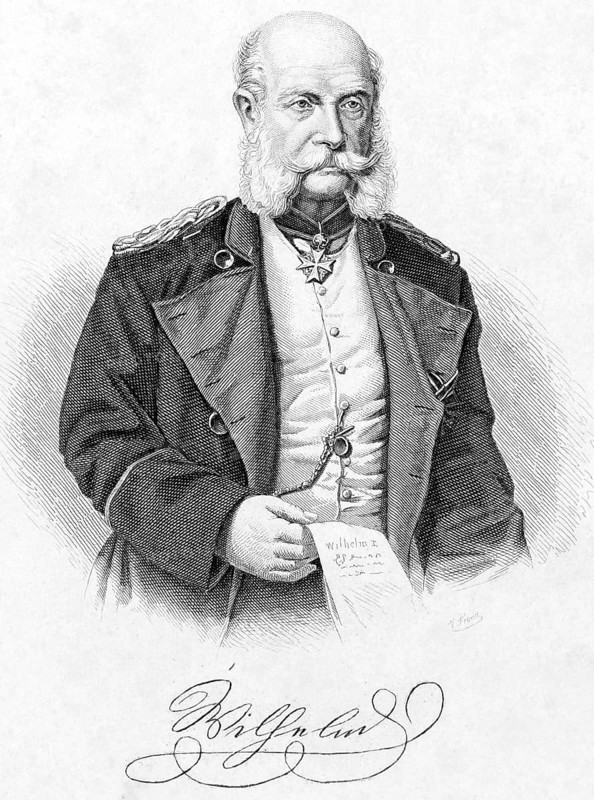 Portrait with signature of Wilhelm I (1797 Berlin - 1888 Berlin) King of Prussia and Emperor of Germany, Hohenzollern, beard, medal, jacket, serious look, document in hand, steel engraving, historical illustration 1888