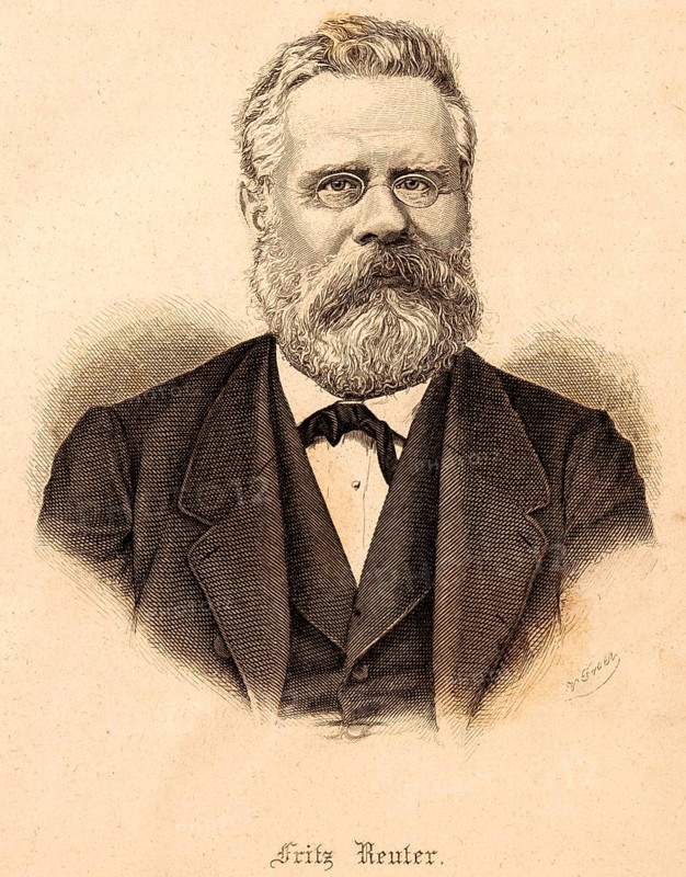 Portrait of Fritz Reuter (1810 Stavenhagen, 1874 Eisenach), poet and writer, co-founder and promoter of the Low German language and literature, honorary doctorate, full beard, serious look ahead, nickel glasses, suit, waistcoat, steel engraving, historical illustration 1888