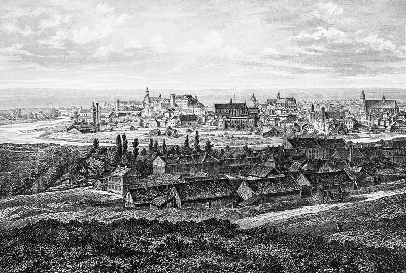 City view of Krakow on the Vistula, numerous churches, factory, landscape, Poland, historical illustration 1888