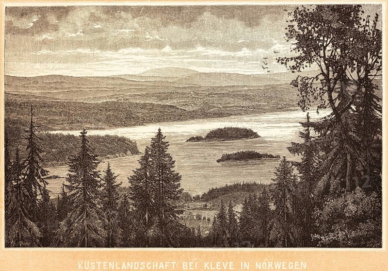 Norwegian coastal landscape near Kleve, view of a fjord, wooded islands, mountainous landscape, fells, Norway, historical illustration 1888