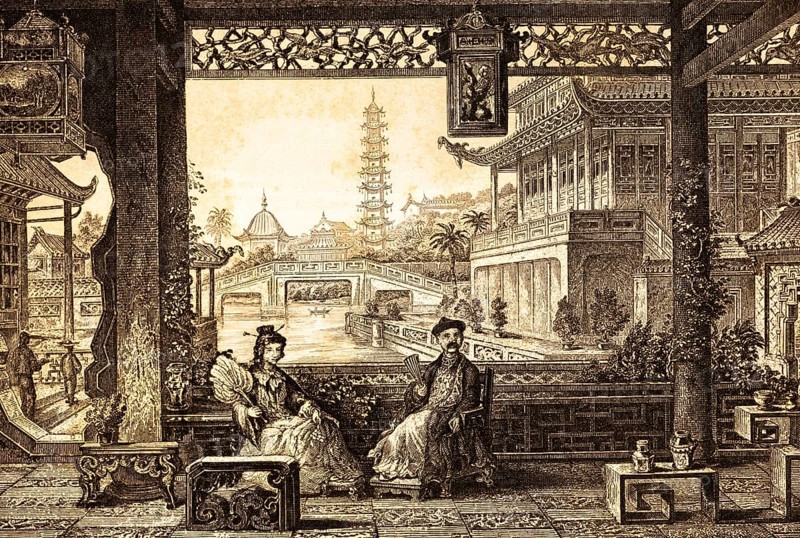 Palace in Beijing, China, view of river landscape, bridge, two distinguished Chinese people, man, woman, valuable furniture, pagodas, tables, stools, plants, tower, lamps, historical illustration 1888