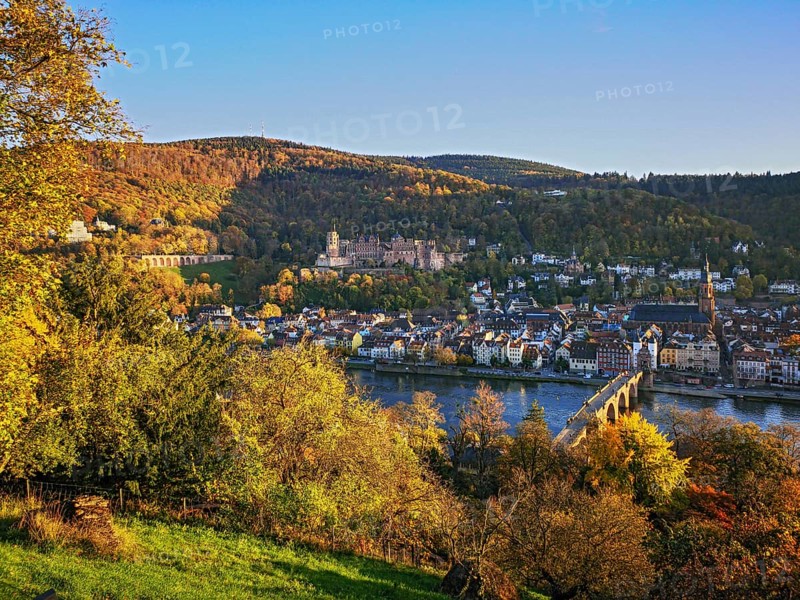 Heidelberg, view from Philosophenweg across the Neckar to the Old Bridge, Old Town and Heidelberg Castle in an autumn atmosphere with colorful autumn leaves and blue sky, Baden-Württemberg, Germany