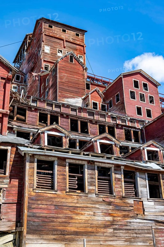 Kennicott Red Buildings, Kennicott Concentration Mill to extract copper from quarried rock, Historic Kennecott Copper Mine, National Historic Landmark, Wrangell St. Elias National Park, Alaska, USA