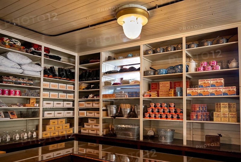 Interior view, historic restored Kennicott shopping store with historic goods display, retro food cans, grocery store, historic Kennecott copper mine, National Historic Landmark, Wrangell St. Elias National Park, Alaska