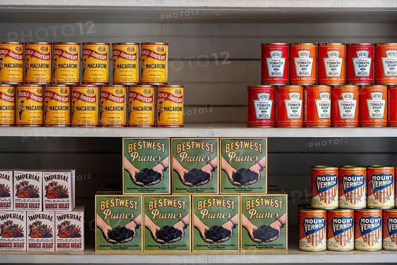 Interior view, historic restored Kennicott shopping store with historic goods display, retro food cans, historic Kennecott copper mine, National Historic Landmark, Wrangell St. Elias National Park, Alaska