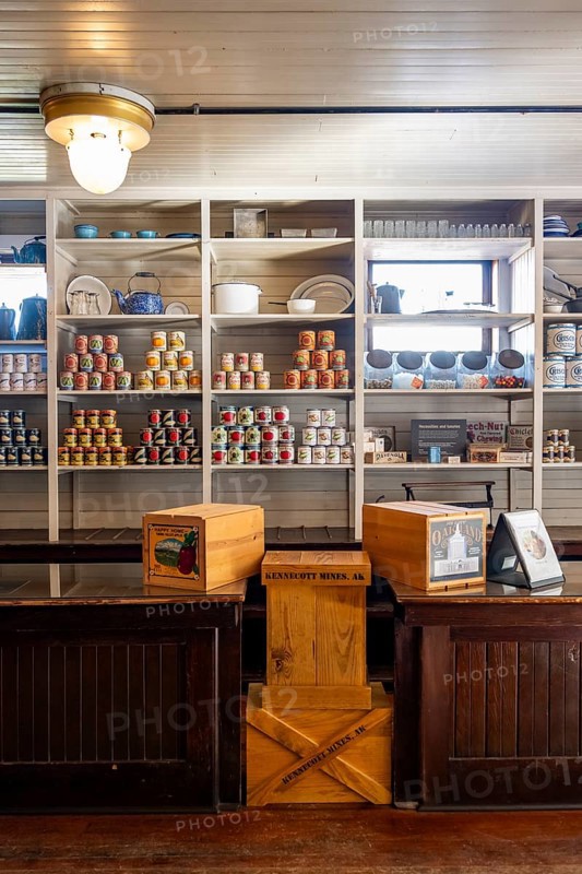 Interior view, historic restored Kennicott shopping store with historic goods display, Historic Kennecott Copper Mine, National Historic Landmark, Wrangell St. Elias National Park, Alaska