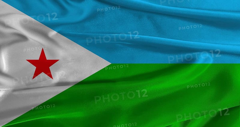 Flag of Djibouti with fabric textured background. Close up of National flag of Djibouti with realistic texture