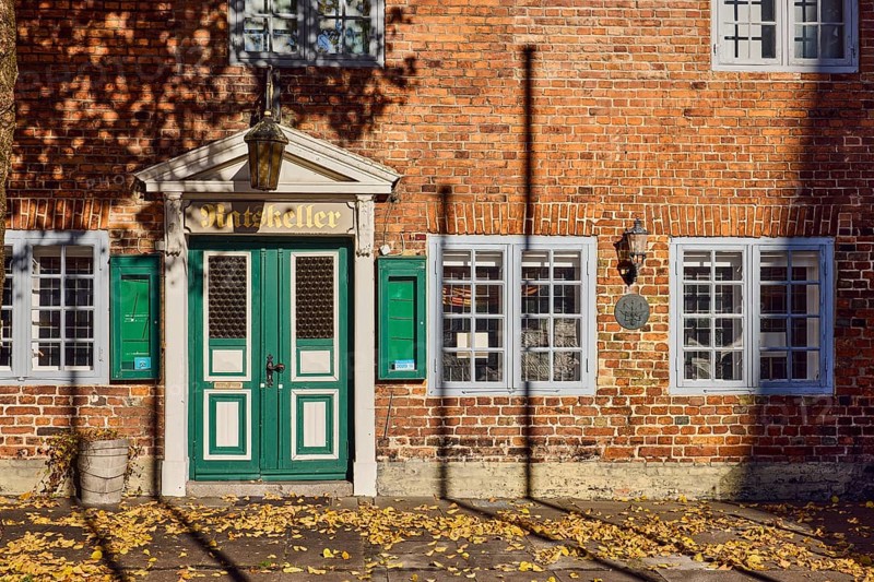 Historic Ratskeller restaurant, brick building, entrance, façade with windows and lamp, fallen leaves, shade of a tree, sunny, market square, town hall market, Eckernförde, Rendsburg-Eckernförde district, Schleswig-Holstein, Germany