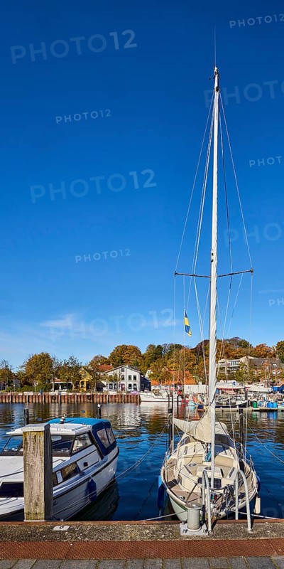 Sailboat, harbor, harbor basin, wharf, boats, duckdalves, general architecture, buildings, trees, blue sky, cirrus clouds, harbor road, Eckernförde, Rendsburg-Eckernförde district, Schleswig-Holstein, Germany