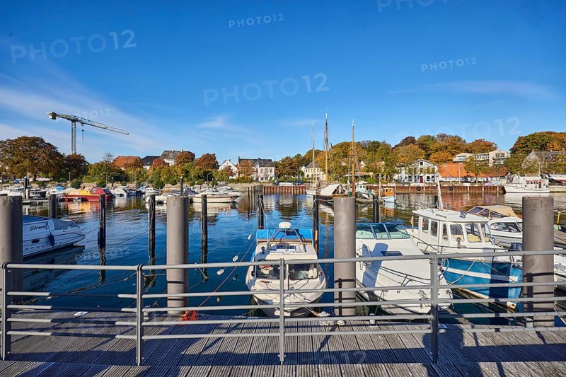 Harbour, quay, jetty, motor boats, duckdalbes, harbor basin, general architecture, crane, trees, blue sky, cirrus clouds, Eckernförde, Rendsburg-Eckernförde district, Schleswig-Holstein, Germany