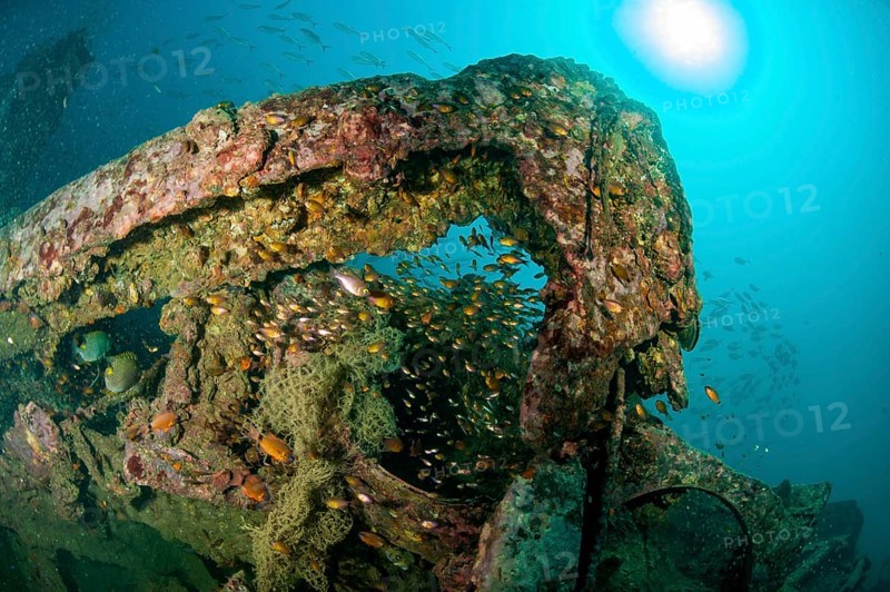 Underwater photo parts of former sunken tin excavator Boonsung wreck off the coast of seaside resort Khao Lak, Andaman Sea, Indian Ocean, Thailand