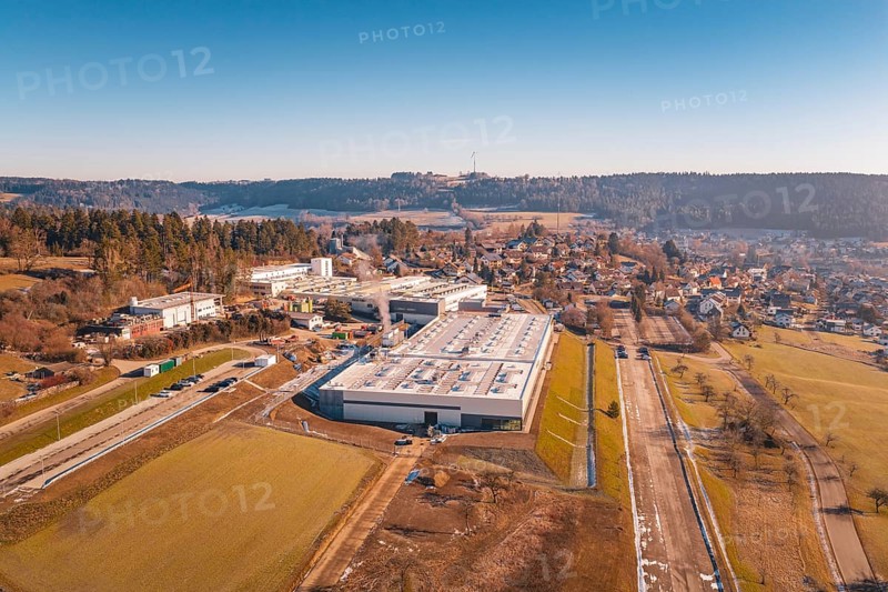 Factory complex in rural area with forest and roads, Glatten, Freudenstadt district, Germany