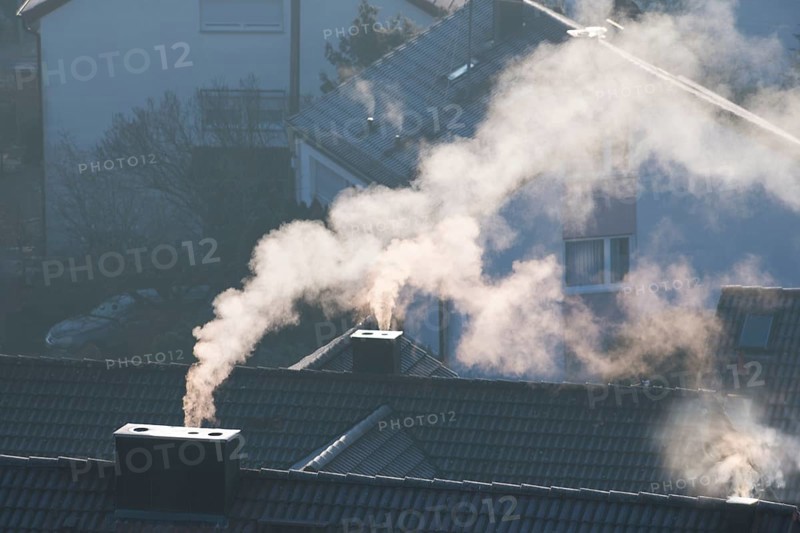 Close-up of a chimney from which smoke rises in a quiet morning mood, symbolic picture, fireplaces, gas heating, oil heating, fossil fuels, climate change, global warming, chimneys, Baden-Württemberg, Germany
