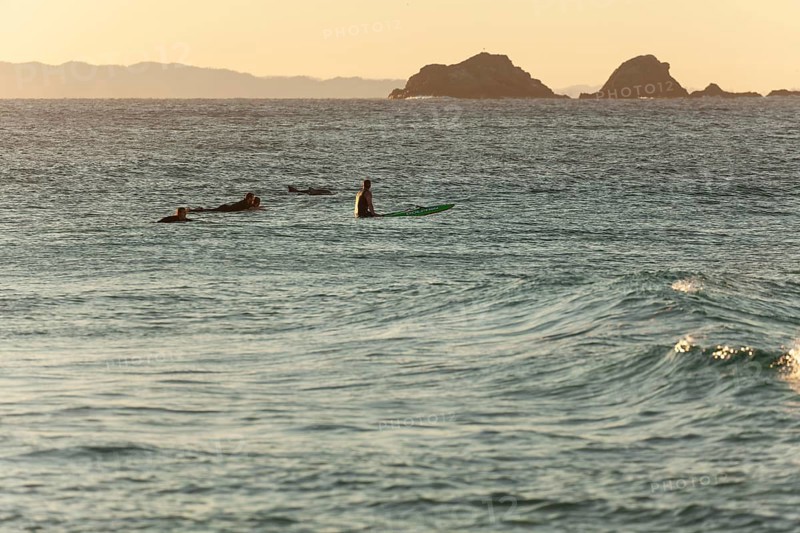 Evening light at Cape Byron with surfers near waves and Julian Rocks Nguthungulli Nature Reserve, New South Wales, Australia