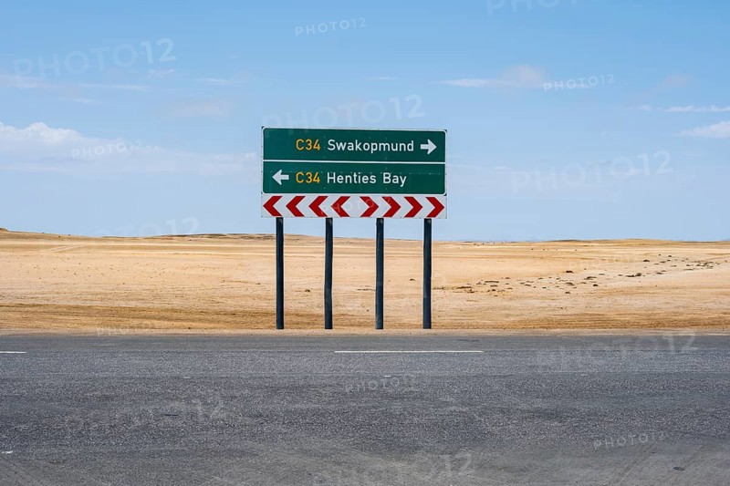 Road sign, Swakopmund and Henties Bay, Skeleton Coast, Dorob National Park, Namibia